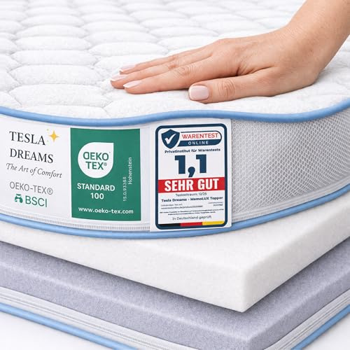 Tesla Dreams MemoLUX Premium Topper & Matratzentopper 180x200cm – 12 cm Visco-Memoryschaum + Komfortschaum – druckentlastend & ergonomisch – Matratzenauflage – ÖKO-TEX Zertifiziert