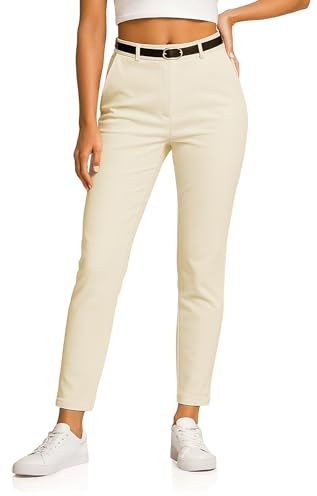Pantalón chino elástico para mujer de la colección Kendindza con cinturón, elegante, de tela, largo, con material suave, beige, XL