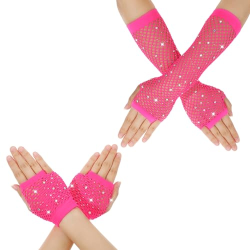 Lusofie 2 par näthandskar med strass långa korta fingerlösa näthandskar stretch mesh korta handskar för halloween 90-talet tillbehör disco maskerad neon festtillbehör