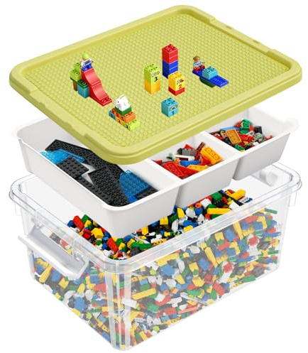 YHANEC Scatola portaoggetti giocattolo con coperchio, vassoio rimovibile e piastra da costruzione, scatola per giocattoli per mattoni, scatole di smistamento per piccoli oggetti, scatola di plastica