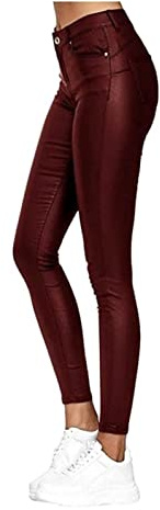 Damjeans Med Hög Midja Och Elastiska Skinny Jeans I Läderlook, Svarta PU-läderleggings, Leggings I Konstläder Med Hög Midja, Tillverkade Av PU(Red wine,S)