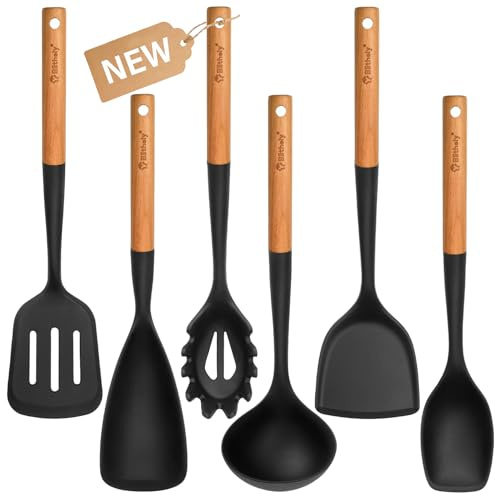 Stort silikonköksredskapsset, 6-delat non-stick köksredskapsset med trähandtag, värmebeständigt och BPA-fritt silikonset med vändbar, sked och slev (svart)