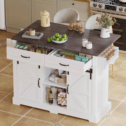 Huayz Isla de cocina con encimera plegable, carrito de cocina con ruedas, armario de cocina con 2 puertas correderas y 2 cajones, armario de almacenamiento de cocina, 120 × 45 (70)× 91 cm (blanco)