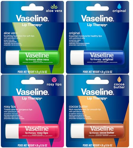 Vaseline Lip Therapy Stick with Petroleum Jelly | Lip Balm Set Collection | Original | Aloe Vera | Rosy Lips | Cocoa Butter, Pack of 4