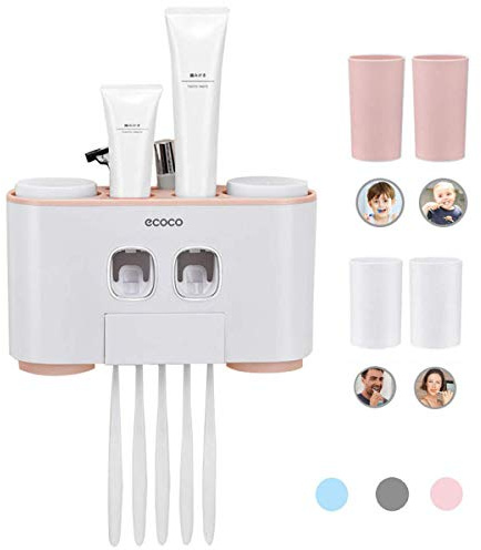 MHtech Automático Dispensador de Pasta de Dientes y Conjunto de Portacepillos de Dientes con Montaje en la Pared, 2 exprimidores de Pasta de Dientes y 4 Tazas