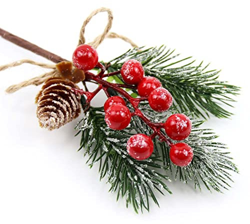 Feizeisun 10PCS Glitter Red Christmas Berries Stems Toppers Artificial Pine Picks and Sprays Holly Xmas Berry Picks with Pinecones Christmas Foliage for Crafts Garland Wreath Home Decor