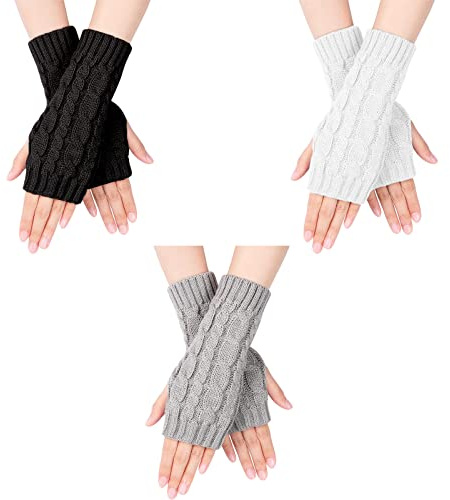 Gants de Poignet sans Doigts 3 Paires,Chaud Poignet Bras Conduite Mitaines,Gants de Mitaine Chauds d'Hiver avec Trou de Pouce Gants Extensible Tricotés pour Femmes,Hommes