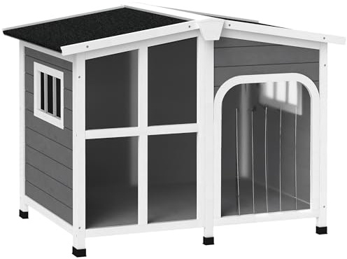 PawHut Outside Cabin-Style Wooden Dog House for Large Dogs with Openable Roof & Giant Window, Outdoor & Indoor Big Dog Shelter, Asphalt Roof, Gray