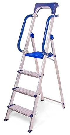 Escabeau 4 marches Secure Pro, Aluminium renforcé, sécurisé avec rampes, Tablette Porte-Outils, Hauteur Plateforme 89cm, Charge 150kg Hostrom