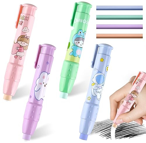 FainFun 4 stück Radiergummi Stift Nachfüllbar, mit 8 Stück Ersatz Radiergummi, Einziehbare Radiergummis, Radiergummi als Stiftform Schreiben für Zeichnen, Malen, Büro, Hausaufgaben