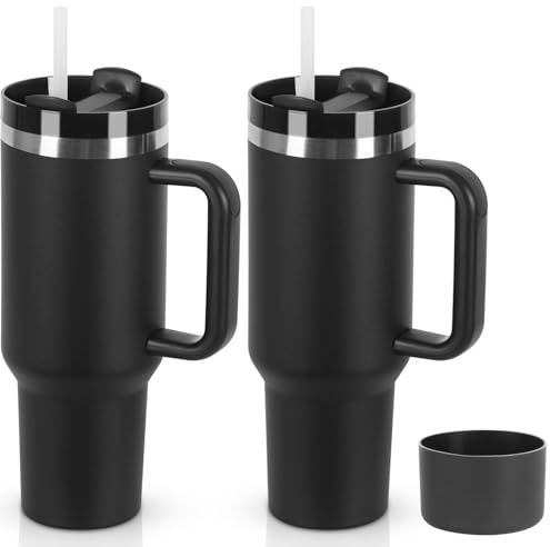 Temolulu 2 Pack 40 oz Tumbler with Handle and Straw Lid, Stainless Steel Double Wall Vacuum Insulated Travel Mug, Insulated Coffee Mug, with Silicone Spill Proof Stopper Set(Black)