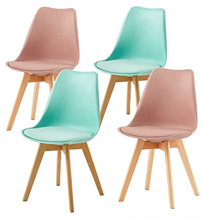 EGGREE 4er Set Esszimmerstühle mit Massivholz Buche Bein SGS Geprüfter, Skandinavisch Design Gepolsterter Stuhl Küchenstuhl Holz, 2 Mintgrün + 2 Rauchrosa