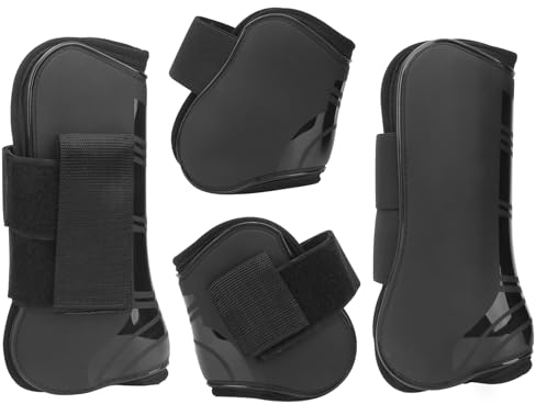 Gamaschen Pferd 4er Set, Gamaschen und Streichkappen PU-Schale Neopren-Futter Springgamaschen Pferd Gamaschen Pony Bandagen Pferd für Springen, Reiten, Events, Dressur, L, Schwarz