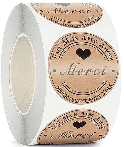 500 pièces/Rouleau français Merci Autocollant Vintage Papier Kraft Autocollants Scrapbook Cadeau Papeterie étiquette Autocollants à la Main avec Amour Merci Autocollant