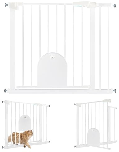 UISEBRT Trappskydd, dörrskyddsgaller utan borrning, trappgrind med kattdörr, husdjursdörr, för bredder 85–95 cm, självstängande, enhandsöppning metallgaller, vitt