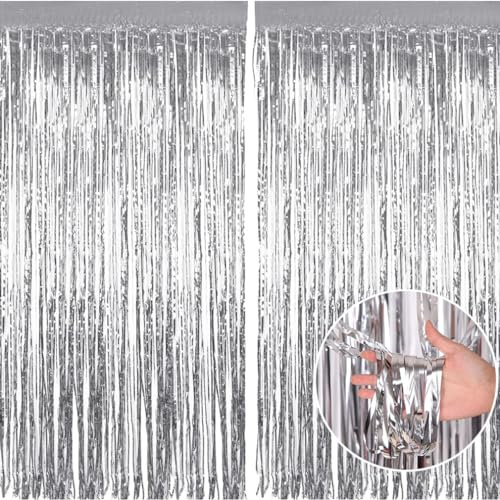 Yowlens Tinsel Curtain - 2pcs 3.2ft x 6.5ft Tinsel Curtains Pastel Foils Fringe Party Decoration Background Door Curtains Hanging Streamers for Birthday Child School Party (Silver)