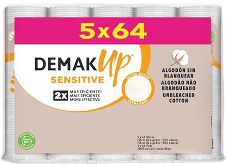 Demak'Up Sensitive Round Cotton Pads for Make-up Remover - Face and Eyes - 100% Natural Cotton Fibers - 320 Cotton Pads (5 x 64)