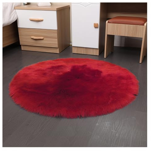 SMTCM Alfombra redonda de piel de oveja sintética de 35 x 35 cm, color rojo, mullida, de pelo largo, suave, imitación de lana, alfombra de cama, sofá, felpudo antideslizante, lavable, decoración del
