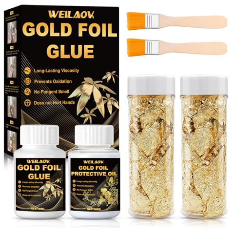 WEILAOK Anlegemilch für Blattgold, Blattgold Kleber, Blattgold zum Basteln, Goldfolie 20g*2,Inklusive 100g Kleber und 100g Wasserbasierter Schutzfarbe, Blattgold Set Wird zum Basteln, Malen
