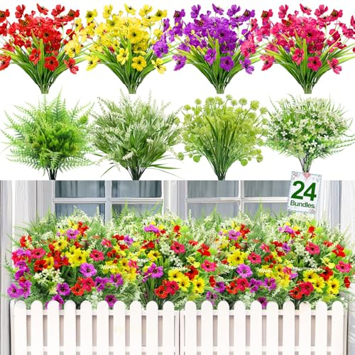 24 Bundles 8 Styles Artificial Flowers for Outdoors UV Resistant Fake Flowers Faux Plastic Plants Colorful Daisy Boston Fern Lavender Cemetery Flowers for Outside Indoor Home Porch Patio Spring Decor