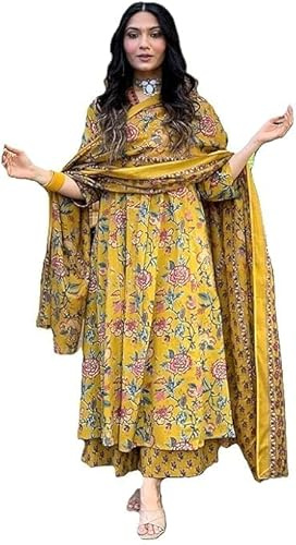 Aizza Trends Cotone da donna Febric Hand Block Floral Print Kurti con Plazzo stampato e Dupatta Set, Mustred, X-Large