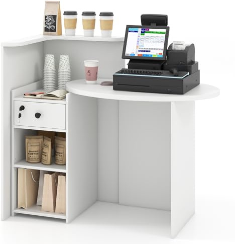 CASART Reception Desk, Cashier Counter Desk with Adjustable Shelf & Lockable Drawer, Modern Retail Counter Workstation for Salon Clothing Store Restaurant (All White)