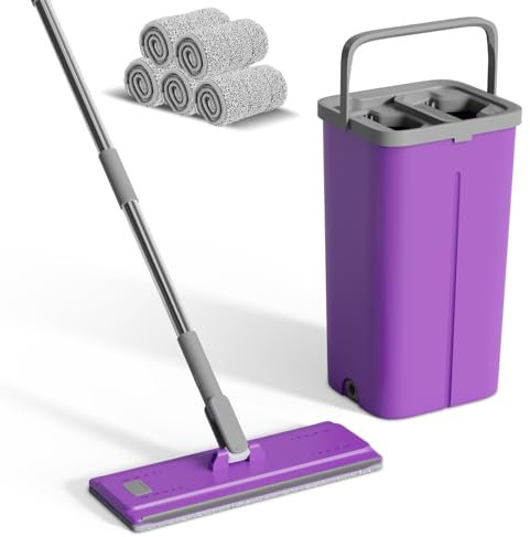 Eukue Balai Serpillère Essoreur avec Seau, Serpillière Plat Rotatif 360°avec 5 Serpillères Réutilisables, 2 en 1 Seau Serpillere de Mains Libre pour Nettoyage Tous Types de Sols(Pourpre)