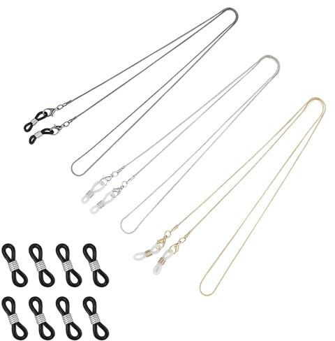3 unidades de cordón para gafas, Cadena para Gafas Mujer, Cuelga Gafas Cuerda Cordones, cinta para gafas de sol, con 8 anillos para gafas, cinta para hombres y mujeres, Plata, oro, negro, M