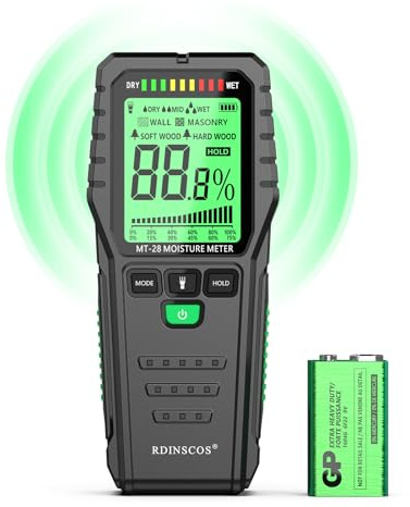 RDINSCOS Pinless Moisture Meter for Walls Non-Destructive Damp Meter with LCD Display Damp Detector for Building Materials, Floors, Firewood, Caravan Use – Model MT28