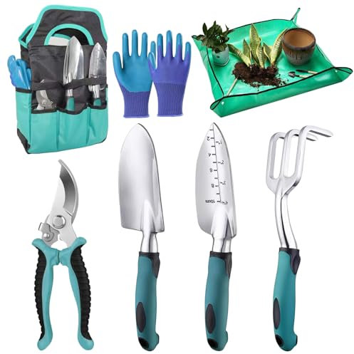 Jomdjmskes 7 Stück Gartengeräte, Gartenwerkzeug Set, Garten Hand Werkzeuge, Rost-Sicht Gartenarbeit mit Dauerhafter Aufbewahrungstasche, Ergonomischer Anti-Rutsch-Griff, Gartengeschenke Frauen Männer