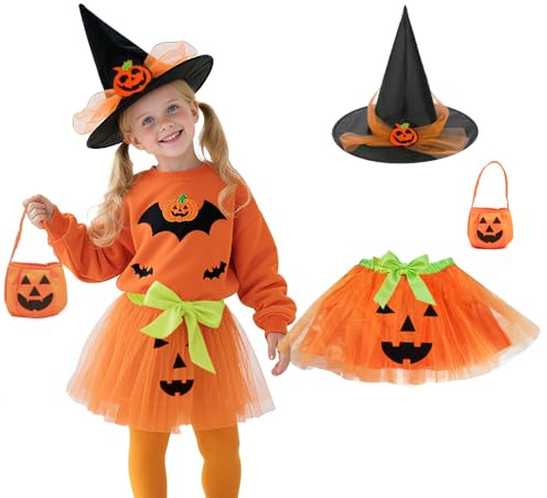 Beafaeur Déguisement Halloween Enfant Fille, Tutu Sorcière Robe Citrouille 30 cm, Cosplay Costume Halloween Enfant, avec Sac et Chapeau Citrouille, pour fille de 3 à 13 Ans