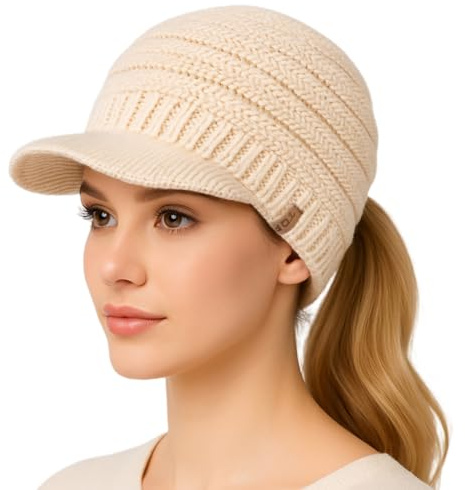 TOP-EX Icelandic Wool Visor Beanie for Women Hidden Ponytail Knit Hat Fleece Lined Warm Winter Hat UK Peaked Beanie Cold Weather Gift Beige