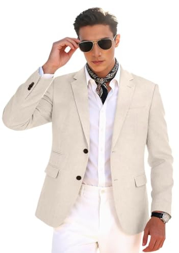 Linen Mens Suit Jackets Casual Two Button Slim Fit Blazers Suit Separates Coat Sport Coats with Pockets for Wedding Prom Party Beige 3XL