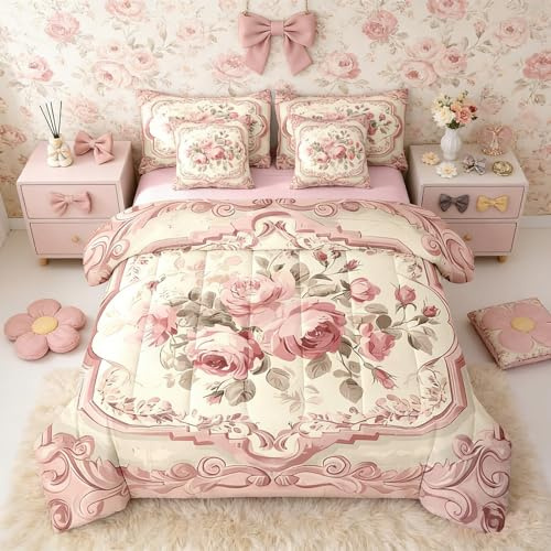Erosebridal French Country Floral King Size Comforter Set with Sheets | Pink Rose 7-Piece Bedding Set Romantic Flowers Bed in a Bag, Rustic Bed Sets