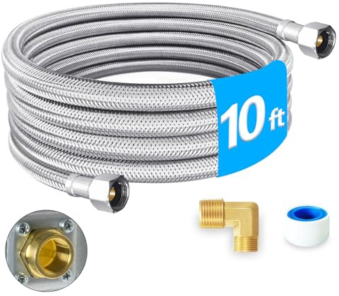 10FT Dishwasher Water Supply Line with 3/8 Comp x 3/8 Comp Connections, Stainless Steel Braided Hose with 3/8 x 3/8 MIP Brass Elbow, Food-Grade PEX Inner Tube