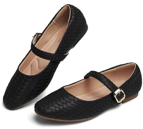 hingswink Mary Jane Shoes Women Flats Ballet Flats with Strap Square Toe Buckle MaryJanes for Women Dressy Comfortable