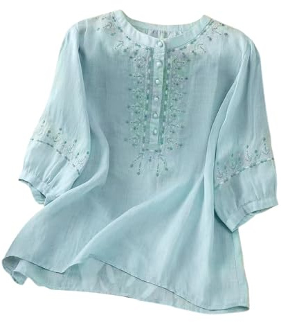 Blusa de lino estilo bohemio casual para mujer, estilo bohemio, estilo bohemio, campesino, verano, floral, bordada, para primavera, hippie, con volantes frontales, para mujeres mayores, gasa vintage