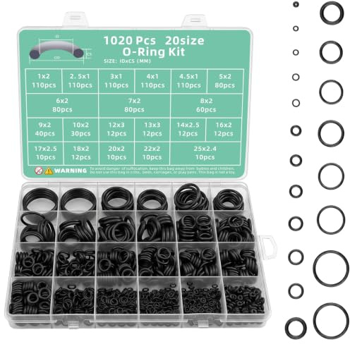 1020PCS O Rings Rubber Assorted Seal Kit, 20 Sizes Nitrile Rubber O Rings | Ø 1-25mm Universal O Ring Set, for Auto Air Conditioner Faucet Plumbing Repair, Air or Gas Connections, Resist Oil ＆ Heat