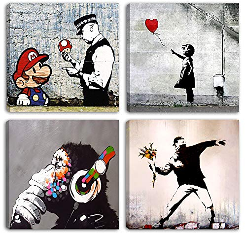 Degona Quadri Moderni Banksy 4 pz. cm 30x30 cad. Stampa su Tela Canvas Arredamento Arte Astratto XXL Arredo per Soggiorno Salotto Camera da Letto Cucina Ufficio Bar Ristorante