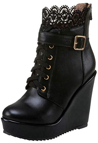 Birdsight Bottine Compensé Femme à Lacet Dentelle Courtes Hiver Ankle Cheville Chaud Talon Haut Plateforme Chaussures Boucle Winter Bootie Warm Sexy(Noir，37