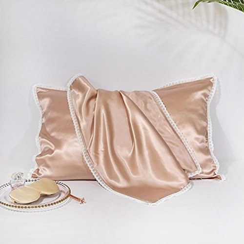 Luxurious Super Soft & Highly Durable Hotel Quality Pillow Covers,2pcs Silk Pillowcase for Hair & Skin, Silk pillowcase, lace single-sided silk pillowcase, pure silk pillowcase-Rose_gold_20*30_inch