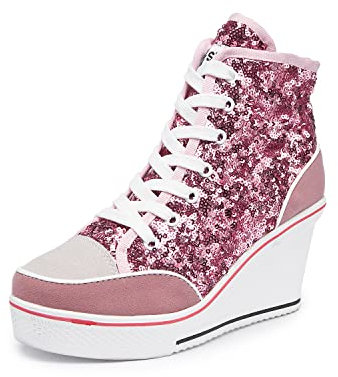 Femme Baskets CompenséesTendance Chaussure de Sport Marche Fitness Sneakers Basses Compensées（36） Rose
