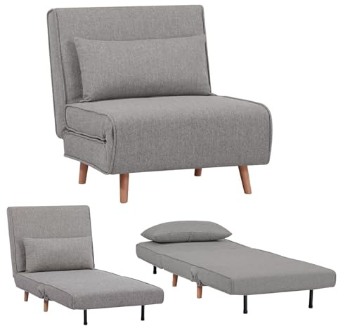 EVERGREENWEB Poltrona Letto Singolo con Cuscino Imbottito INCLUSO, Tessuto Grigio Chiaro, Divano 1 Posto Salvaspazio Pieghevole, Pouf Poggiapiedi, Schienale Regolabile Clic Clac, Gambe in Legno, FOLDY