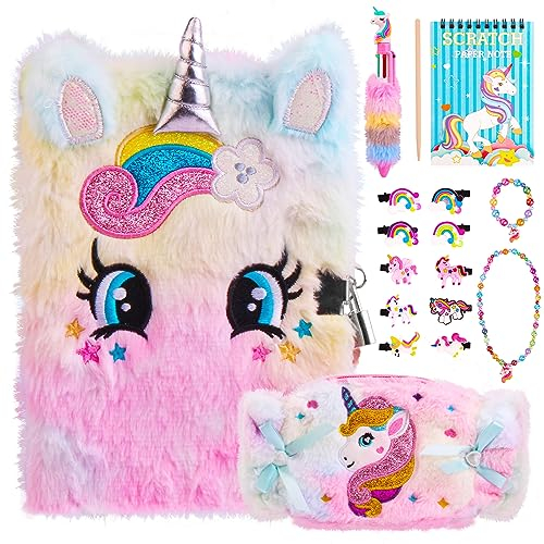 Tagebuch Mädchen mit Schloss Stift, 4 5 6 7 8 9 + Mädchen Spielzeug, Einhorn Handtasche Haarspangen Perlenarmband Halskette Set, Geschenkeset für Geburtstag Party Weihnachtliche Kindertag Valentinstag