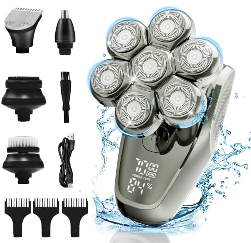 Head Shaver for Men, JoyGeek Glatzen Rasierer Herren Elektrisch, Aktualisiert 7 Rotierende Scherköpfe Kopfrasierer für Männer, IPX7 Wasserdichter LCD Anzeige Bart Nasenhaar Trimmer Pflege Kit