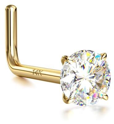 BUTADR 14K Real Gold Nose Studs, 18G 20G Solid Gold L Shaped Nose Rings, Simulated Diamond CZ Hypoallergenic Nose Piercings for Women Men 20G 3MM