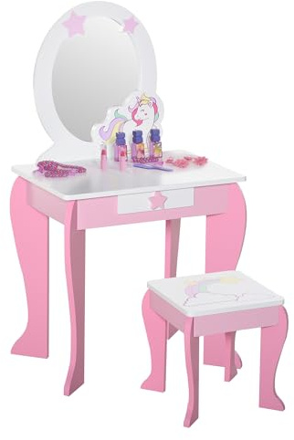 HOMCOM Girls Dressing Table with Mirror, Stool, Kids Dressing Table, Unicorn-Designed Play Toy for Toddles Girls Age 3-6 Years, Acrylic Mirror, Pink and White