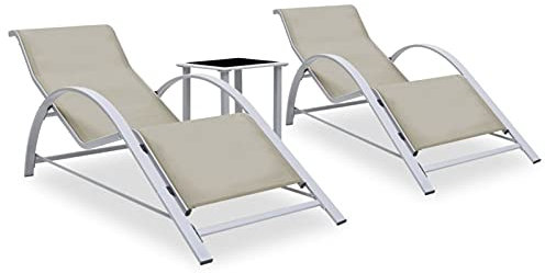 Rantry Sonnenliegen, 2 Stück, mit Tisch, Aluminium, cremefarben, Liegestuhl, Liegestuhl, Outdoor, Garten, Sonnenliegen, Liegestühle für Strand, Terrasse, Pool und Camping