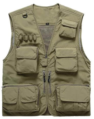 Vivikivi Men's Classical Outdoor Fishing Vest, Utility Cargo Vest Mesh Waistcoat, Multi Pockets Gilet for Safari Camera Camping Hiking Travel Hunting Walking Tactical (Khaki, M)