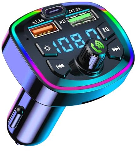 FM Transmitter Bluetooth 5.0 für Auto, MP3 Adapter Audio Radio Wireless für 2 USB und Type-C, Bluetooth Konverter Auto Unterstützung Freisprechanruf, TF Karte, U-Disk, Umgebungslicht